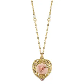 1928 Bridal Pink Crystal Heart And Pink Porcelain Rose Filigree Pendant Necklace 16"   3" Extender