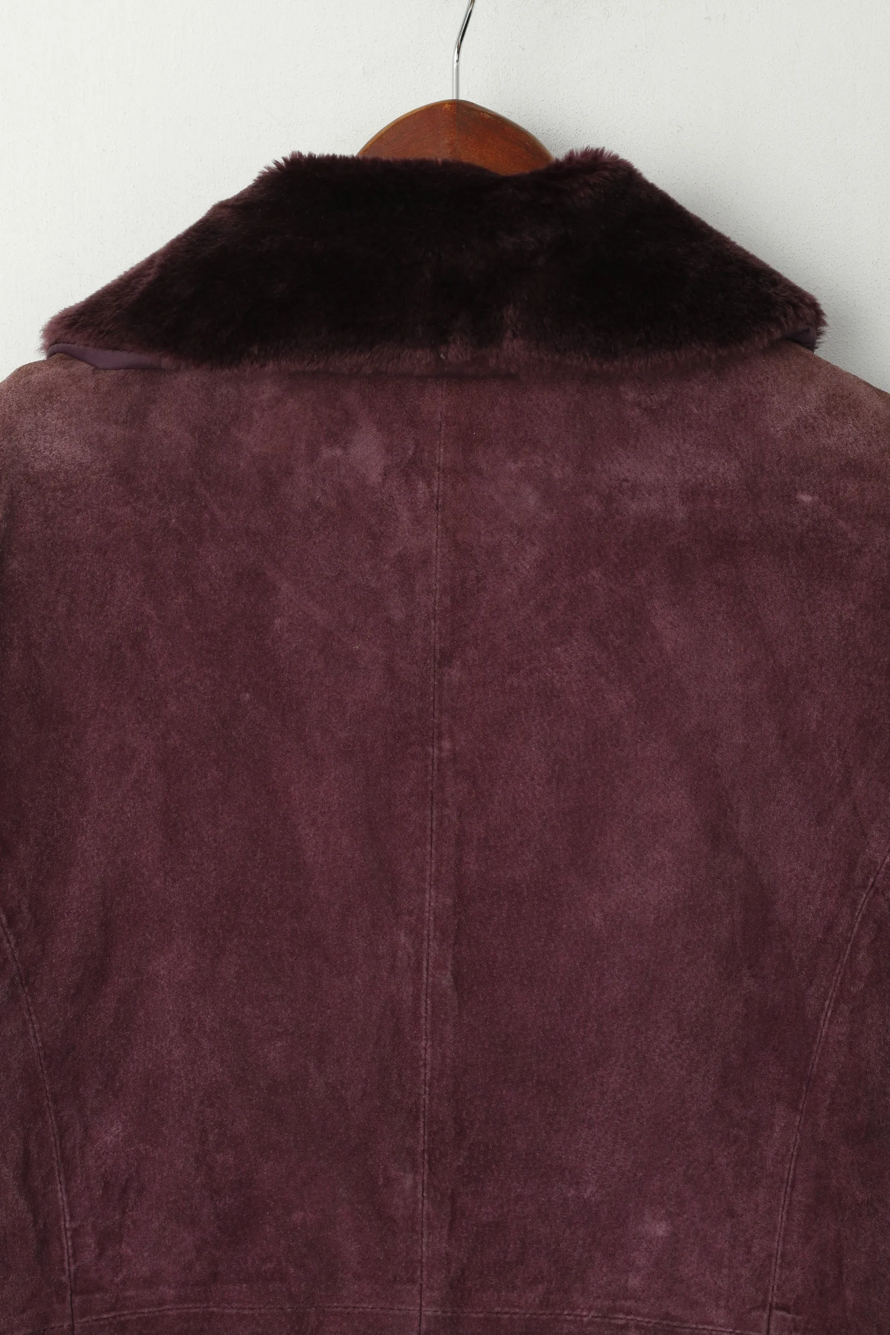 BETH TERRELL Women M Jacket Purple Leather Suede Faux Fur Trim Single Breasted Top