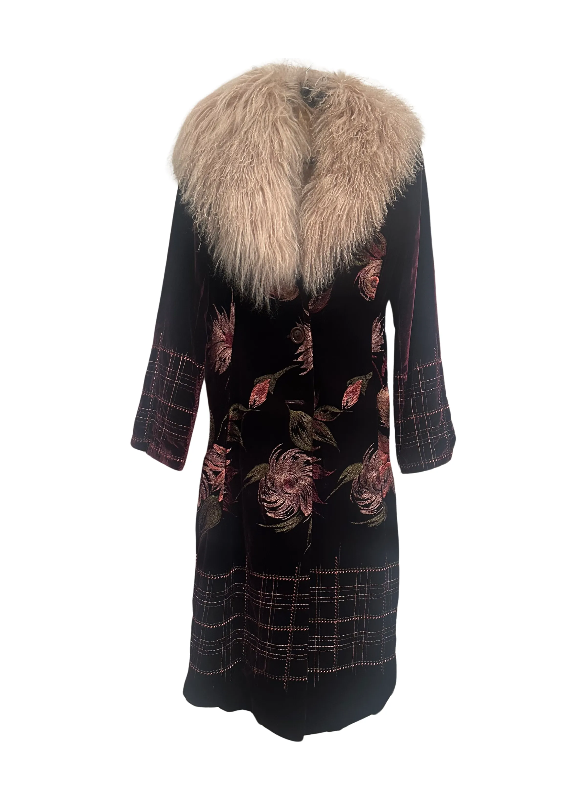 Lela Rose Burgundy Embroidered Velvet W/Fur Collar in Salmon