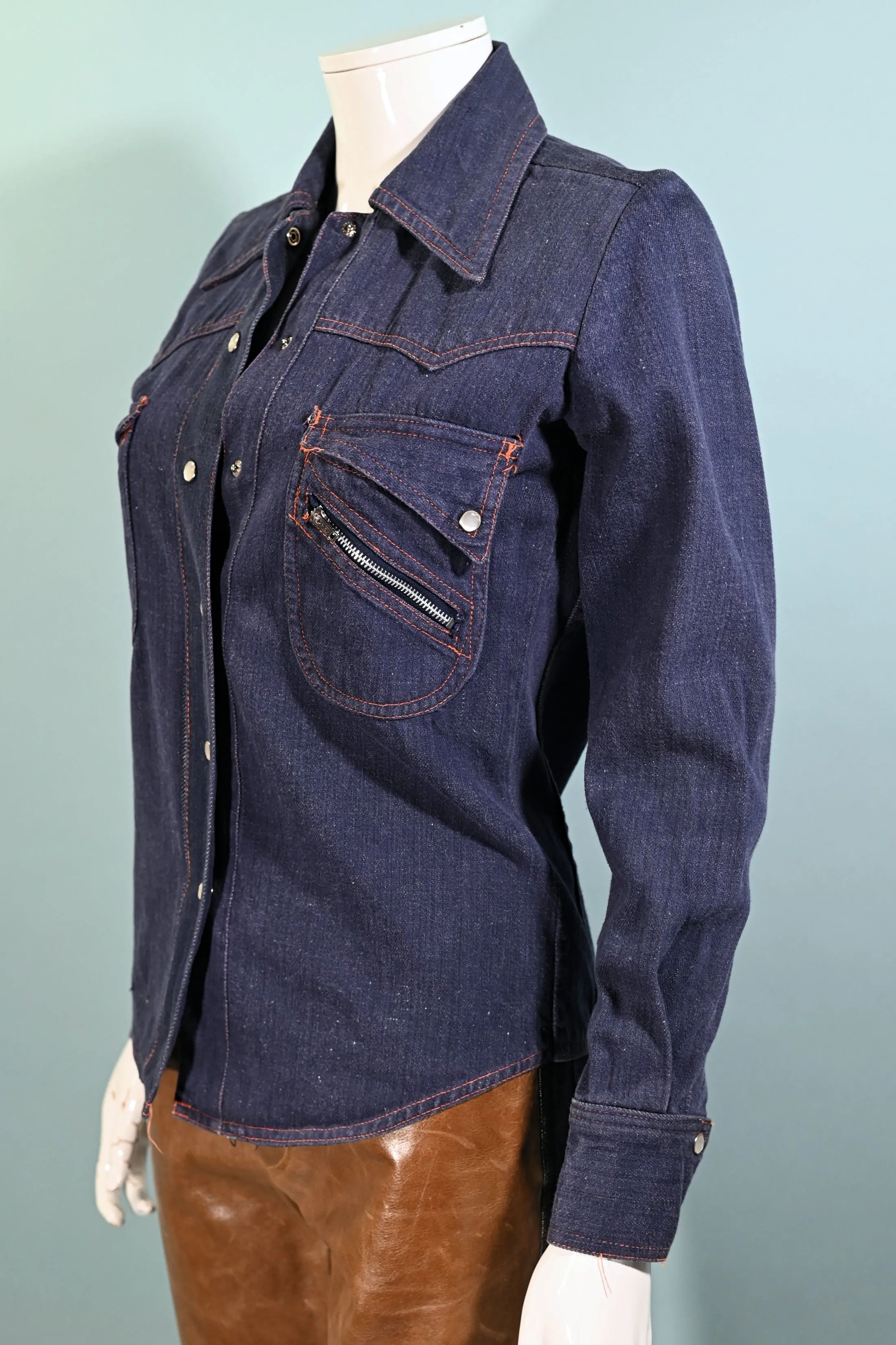 Vintage 60s Denim Fitted Shirt, Sears Junior Bazaar Denim Top XS/S