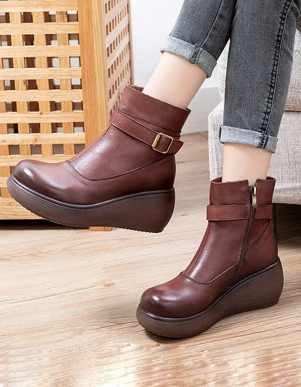 Winter Non-slip Retro Leather Ankle Wedge Boots 41