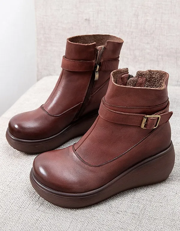 Winter Non-slip Retro Leather Ankle Wedge Boots 41