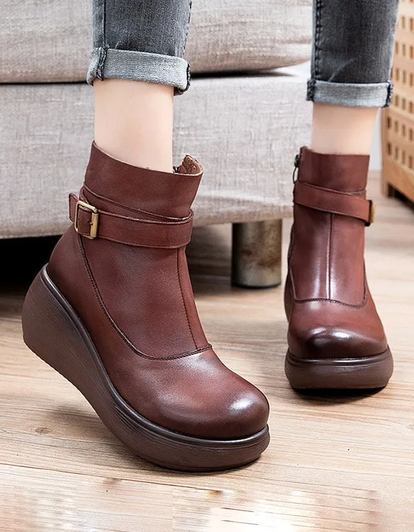 Winter Non-slip Retro Leather Ankle Wedge Boots 41