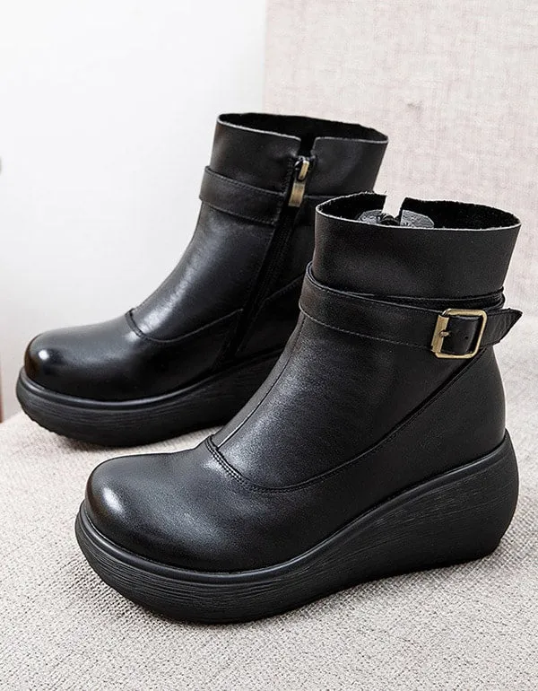 Winter Non-slip Retro Leather Ankle Wedge Boots 41