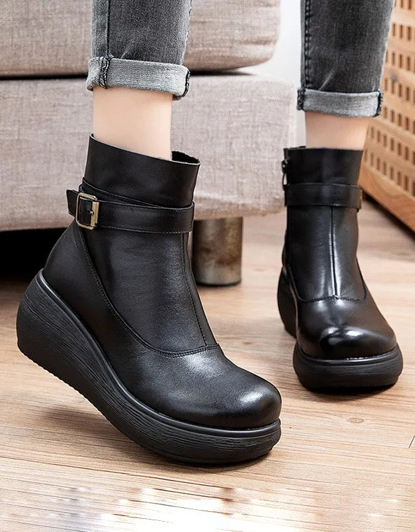 Winter Non-slip Retro Leather Ankle Wedge Boots 41